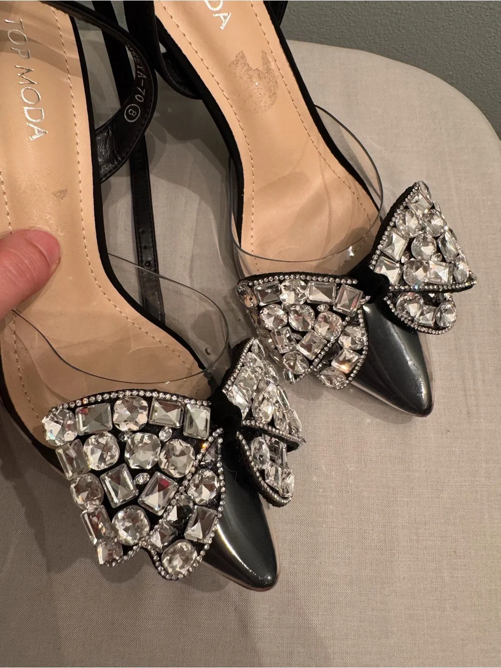 TOP Moda Black Pointed Slingback Heels with Crystal Bow